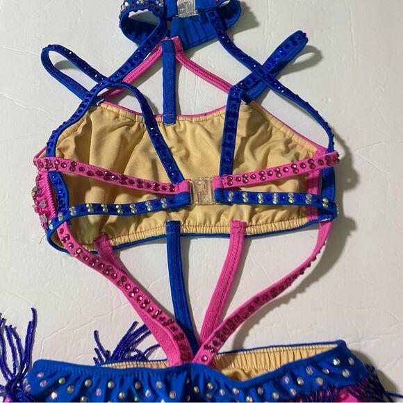 Glamour solo sassy dance costume blue pink embellished rhinestone fringe LC - Picture 7 of 13
